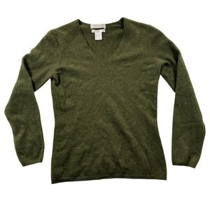 Keira Women Olive Green 100% Cashmere V-Neck Sweater Size S Long Sleeve